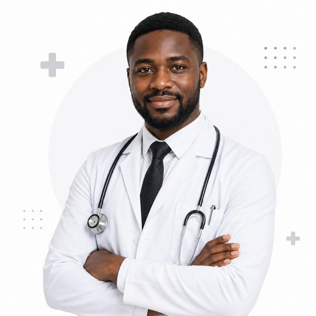 Health care professional in a white coat with a stethoscope