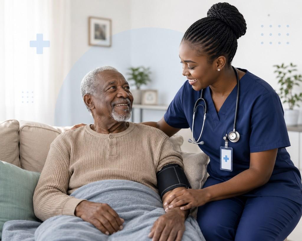 Patient receiving compassionate home care from a health care professional