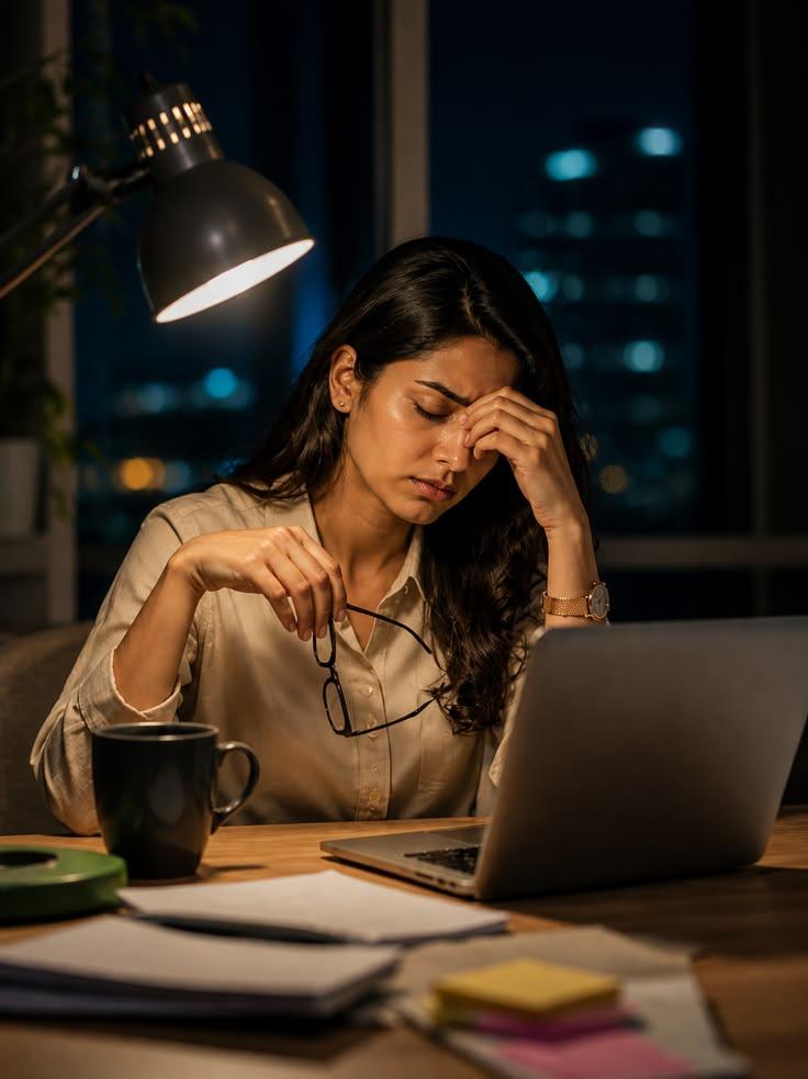 A woman working late at night on a laptop, pinching the bridge of her nose in exhaustion from stress and burnout